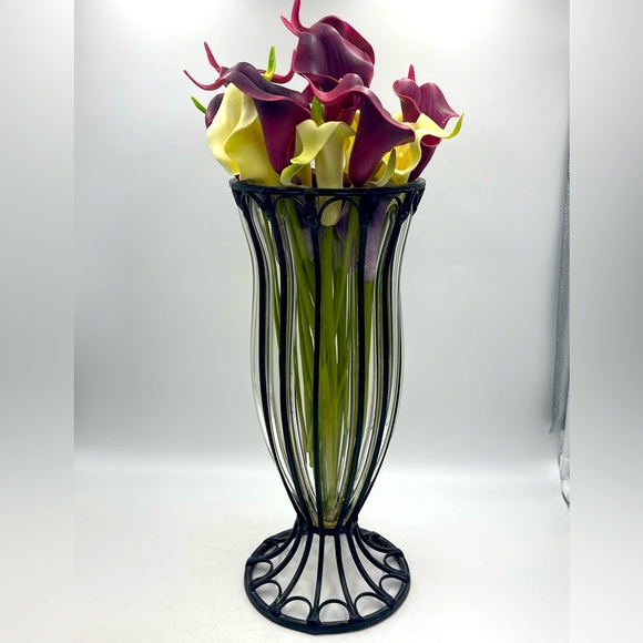 Vintage Art Deco Caged Hand Blown Glass & Wrought Iron Vase with Pedestal Base